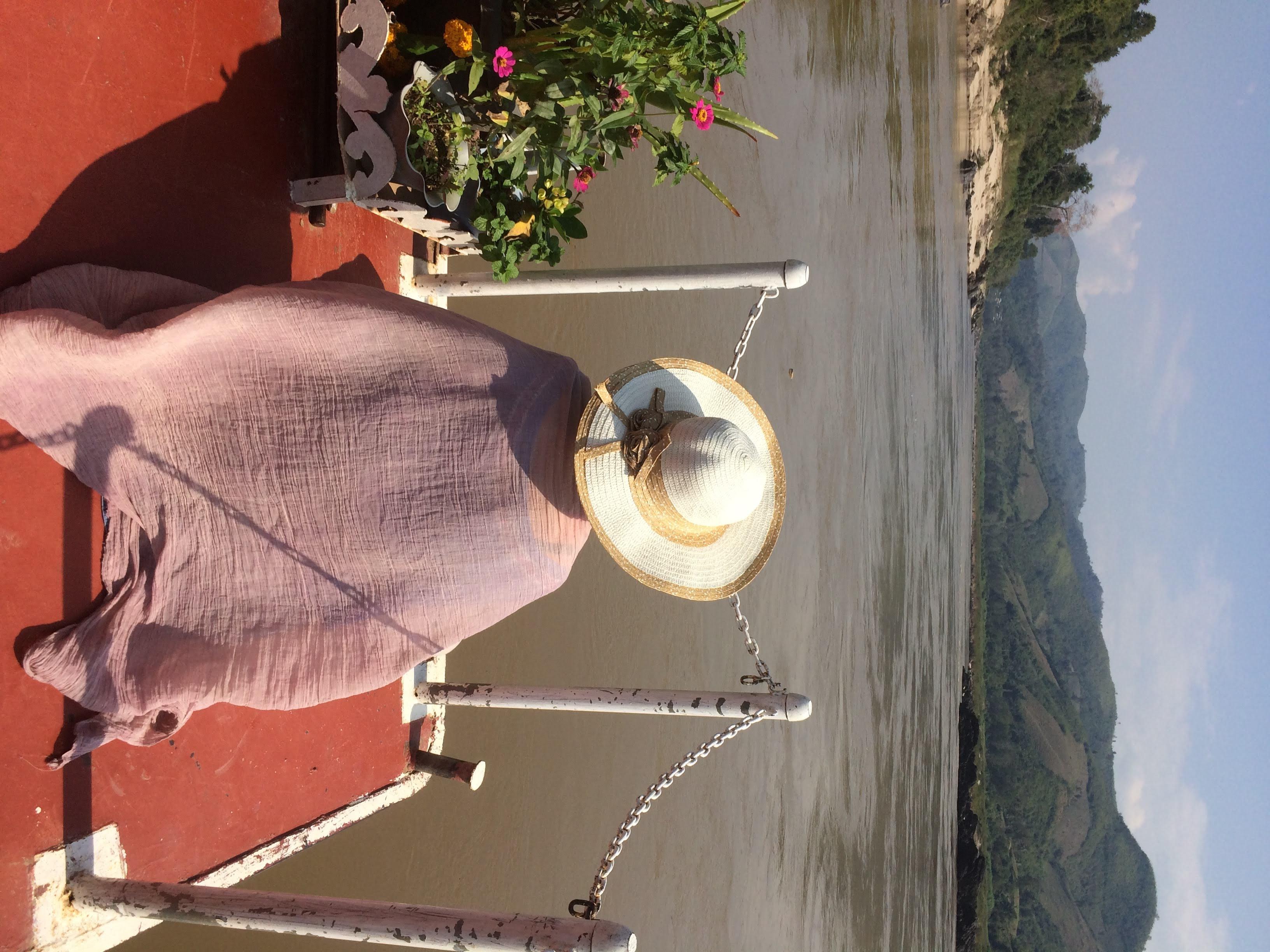View from the bow of a slow boat on the Mekong river in Laos, looking toward green mountains